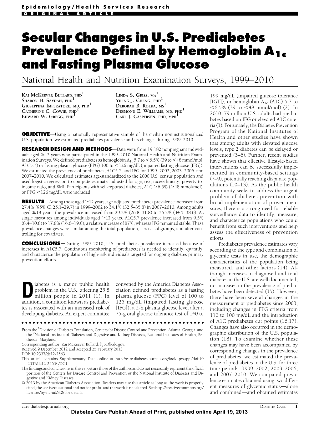 Secular Changes in U.S. Prediabetes Prevalence Defined by Hemoglobin