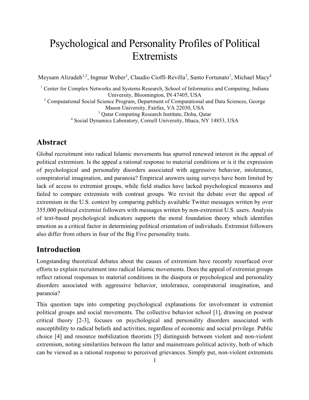 Psychological and Personality Profiles of Political Extremists