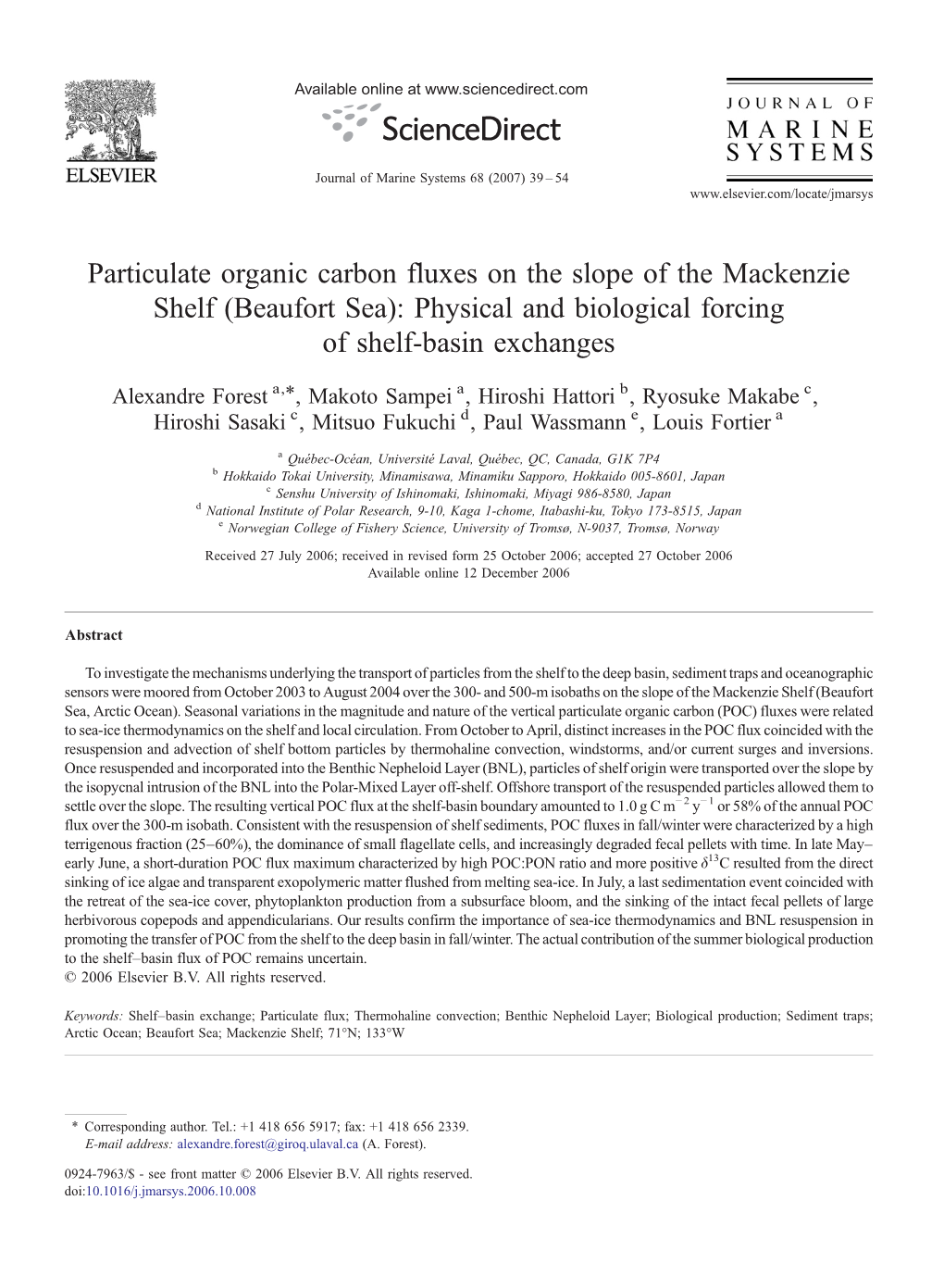 Particulate Organic Carbon Fluxes on the Slope of the Mackenzie Shelf