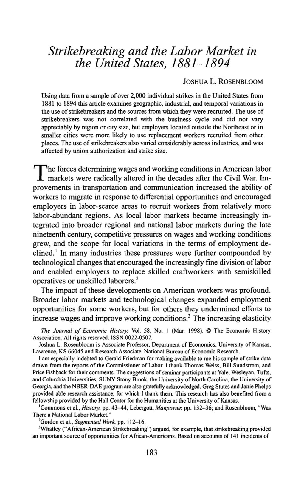 Strikebreaking and the Labor Market in the United States, 1881-1894