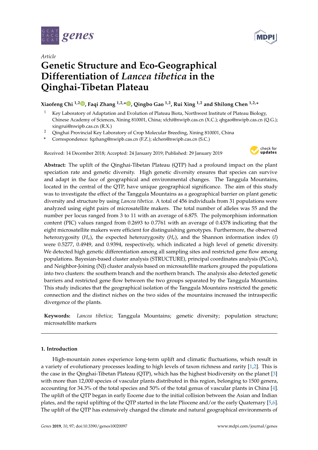 Genetic Structure and Eco-Geographical Differentiation of Lancea Tibetica in the Qinghai-Tibetan Plateau