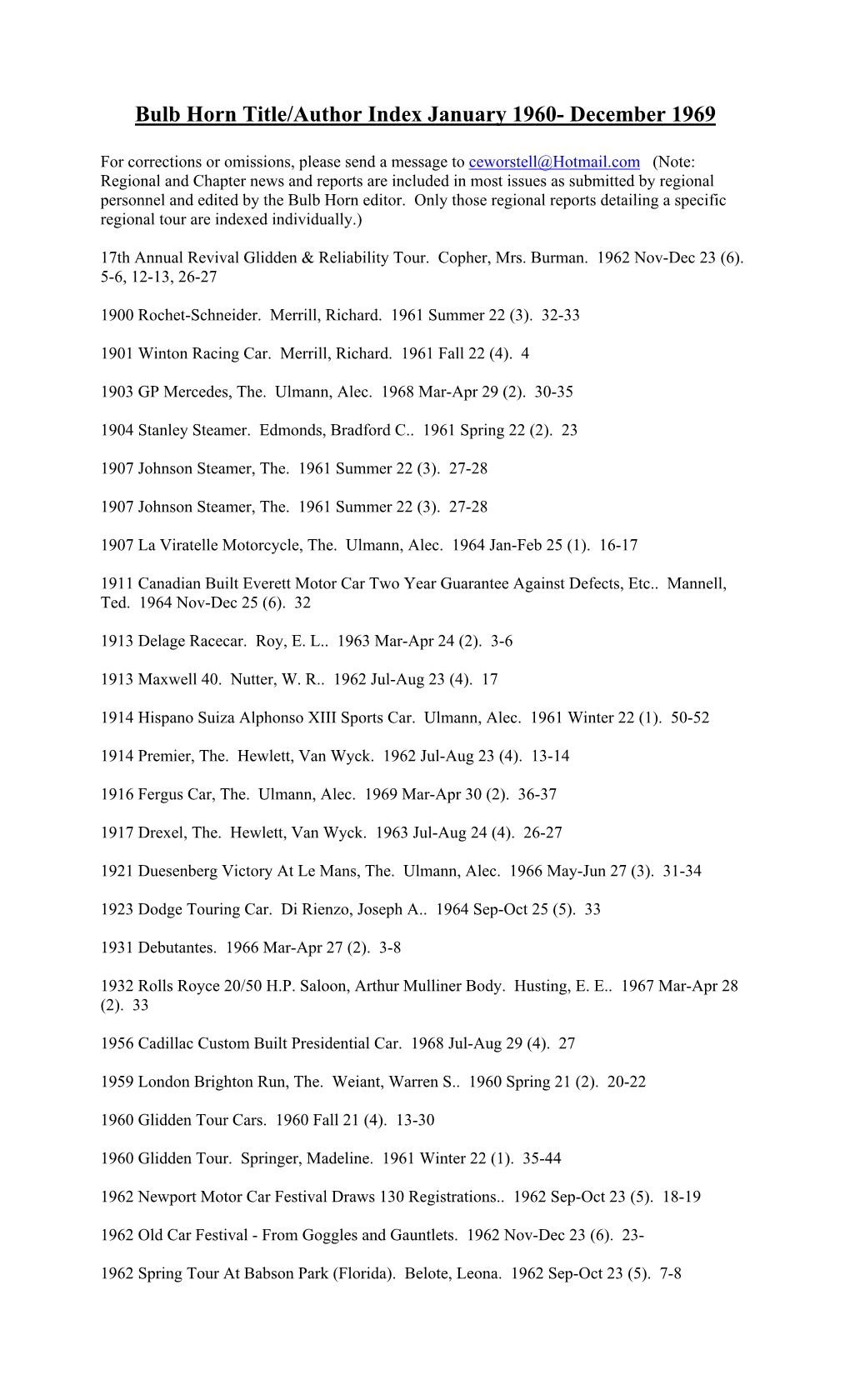 Bulb Horn Title/Author Index January 1960- December 1969