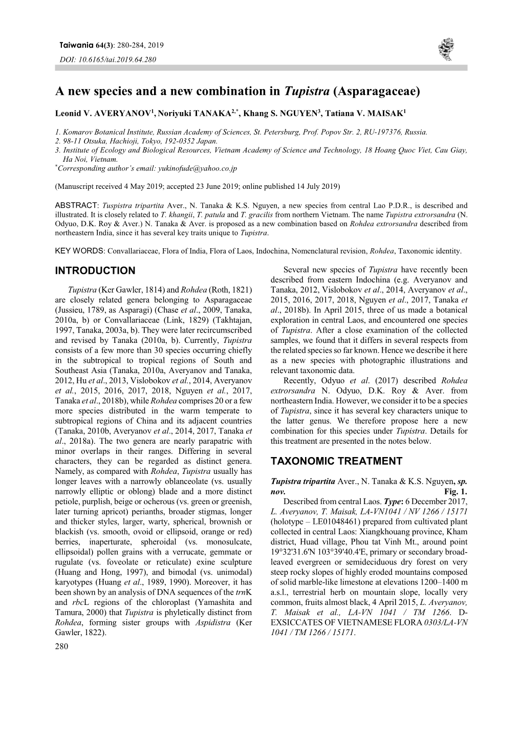 A New Species and a New Combination in Tupistra (Asparagaceae)