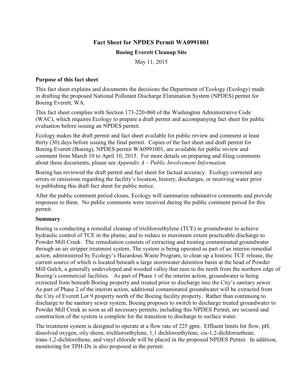 Fact Sheet for NPDES Permit WA0991001 Boeing Everett Cleanup Site May 11, 2015