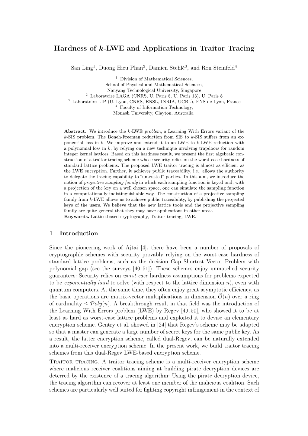 Hardness of K-LWE and Applications in Traitor Tracing