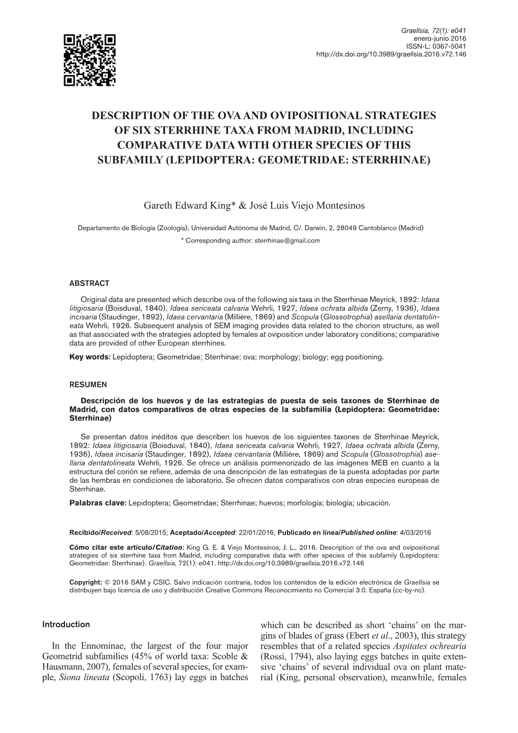 Descripción De Los Huevos Y De Las Estrategias De Puesta De Seis Taxones De Sterrhinae De Madrid, Con Datos Comparativos De