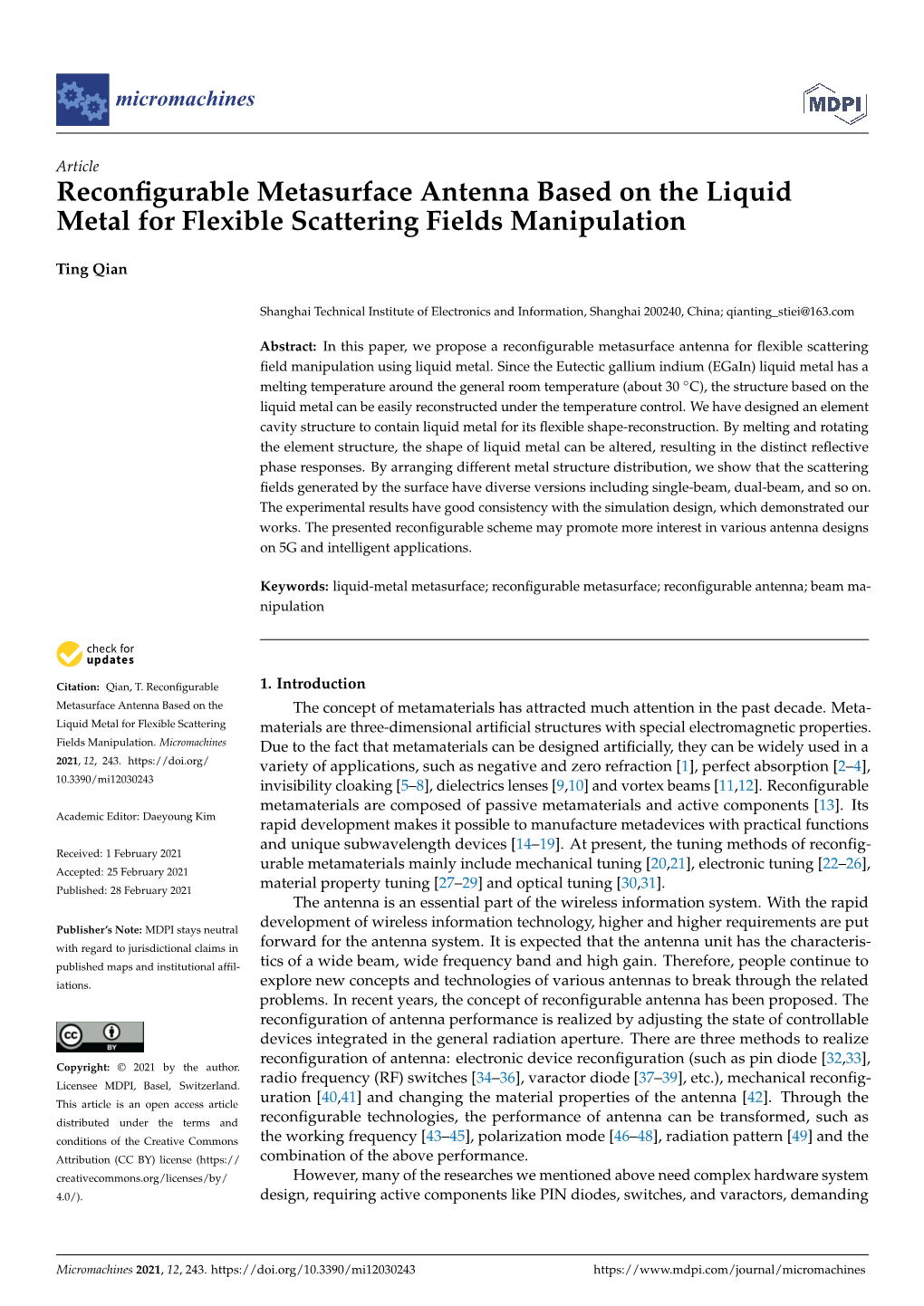 Reconfigurable Metasurface Antenna Based on the Liquid Metal