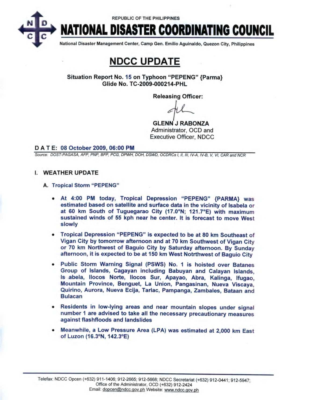 NDCC Sitrep No 15 on Typhoon PEPENG As of 6Pm Oct. 8, 2009