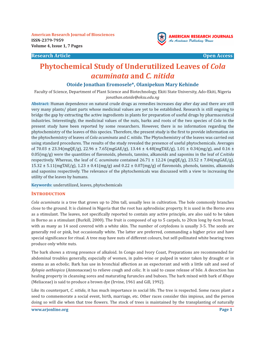 Phytochemical Study of Underutilized Leaves of Cola Acuminata and C