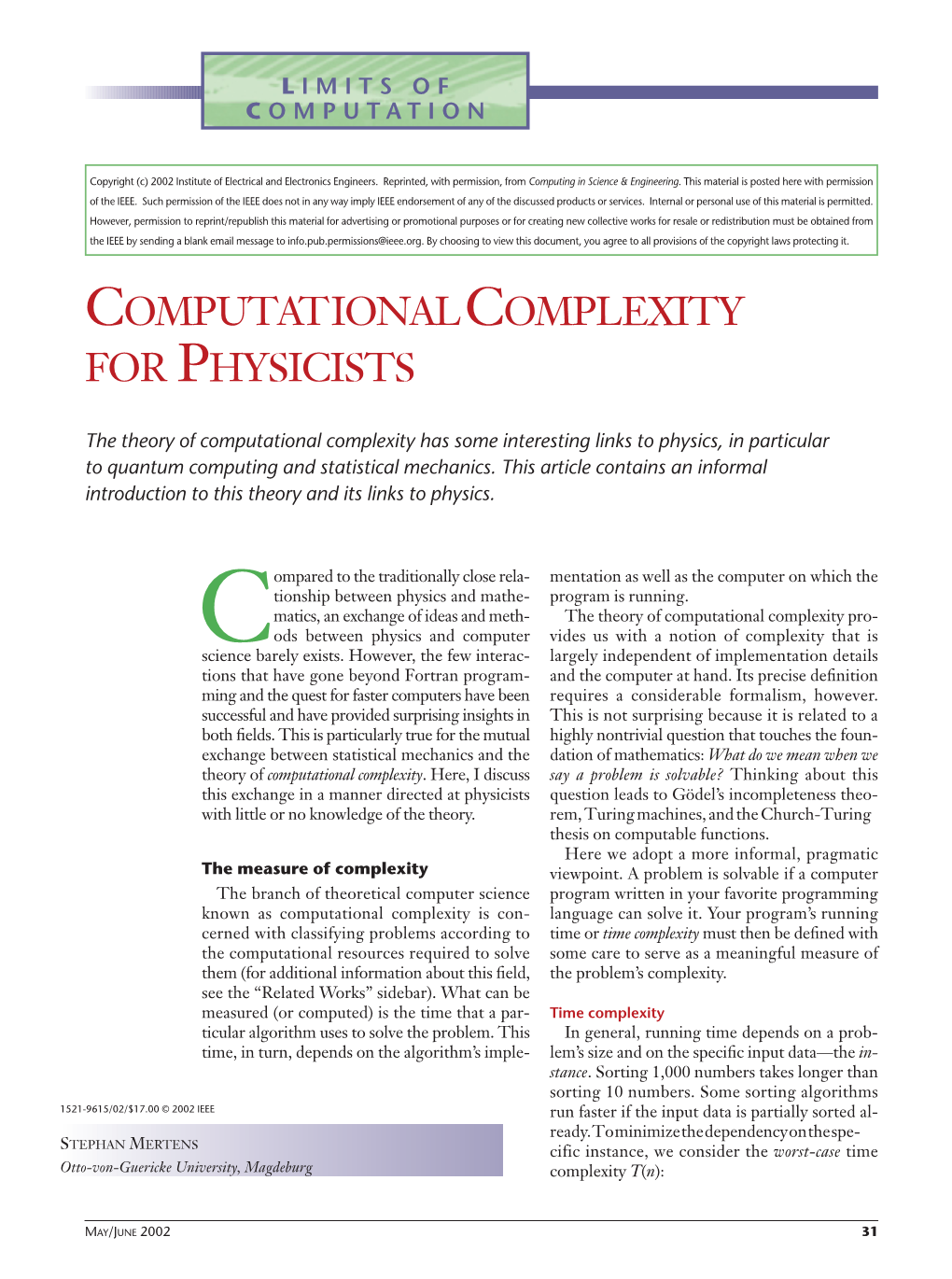 Computational Complexity for Physicists