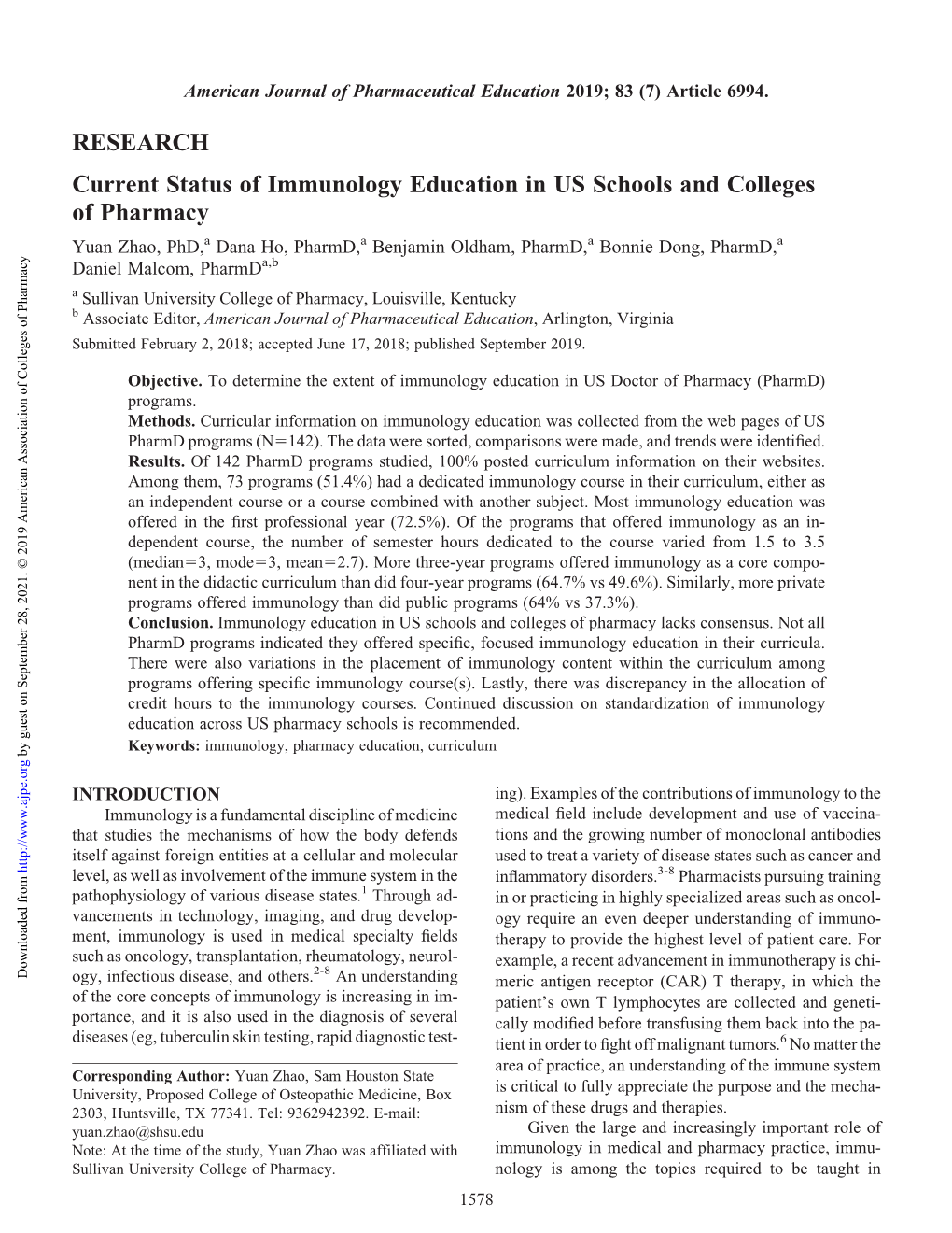 Current Status of Immunology Education in US Schools And