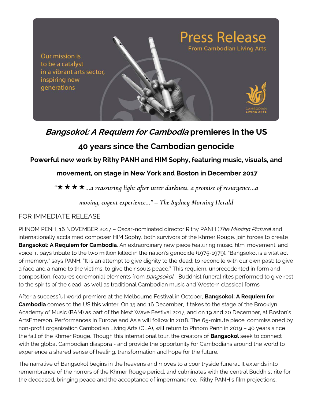 A Requiem for Cambodia Premieres in the US 40 Years Since the Cambodian Genocide Powerful New Work by Rithy PANH and HIM Sophy, Featuring Music, Visuals, And