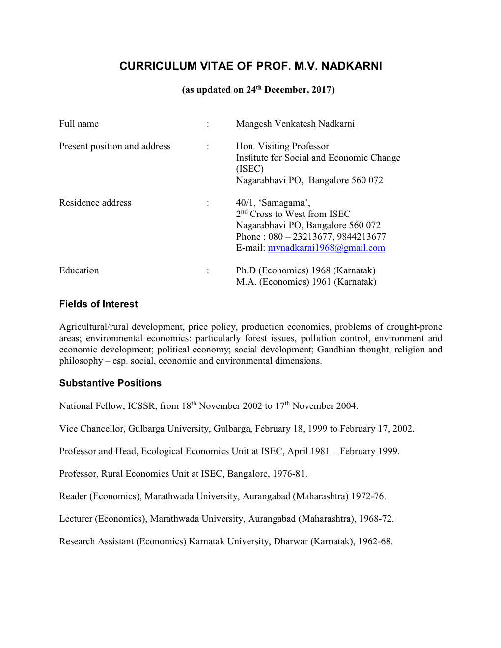 Curriculum Vitae of Prof. M.V. Nadkarni