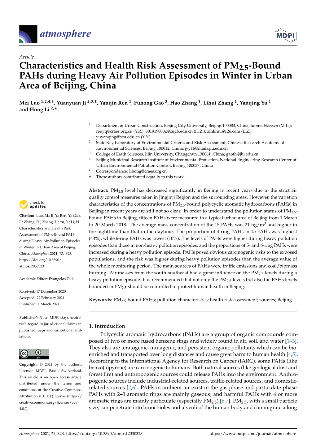 Characteristics and Health Risk Assessment of PM2.5-Bound Pahs During Heavy Air Pollution Episodes in Winter in Urban Area of Beijing, China