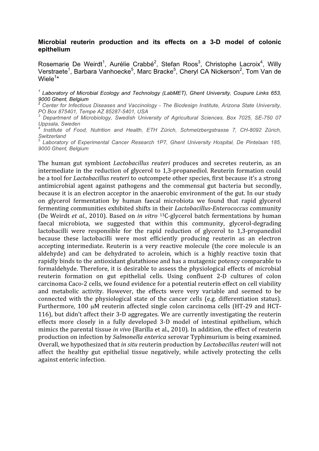 Microbial Reuterin Production and Its Effects on a 3-D Model of Colonic Epithelium