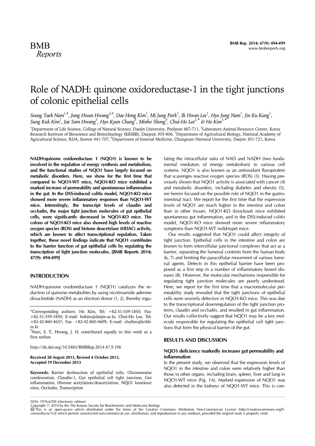 Quinone Oxidoreductase-1 in the Tight Junctions of Colonic Epithelial Cells