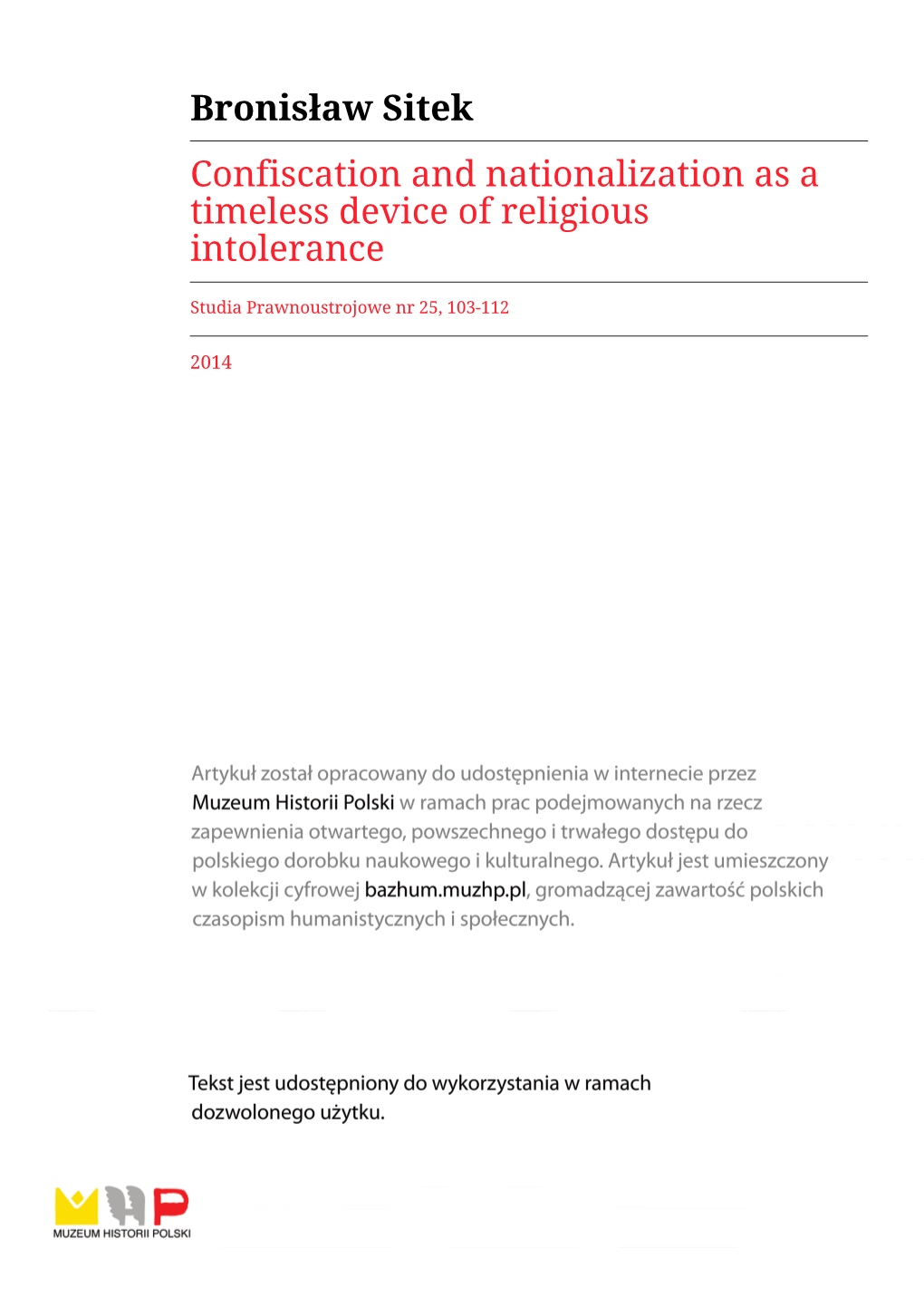 Bronisław Sitek Confiscation and Nationalization As a Timeless Device of Religious Intolerance