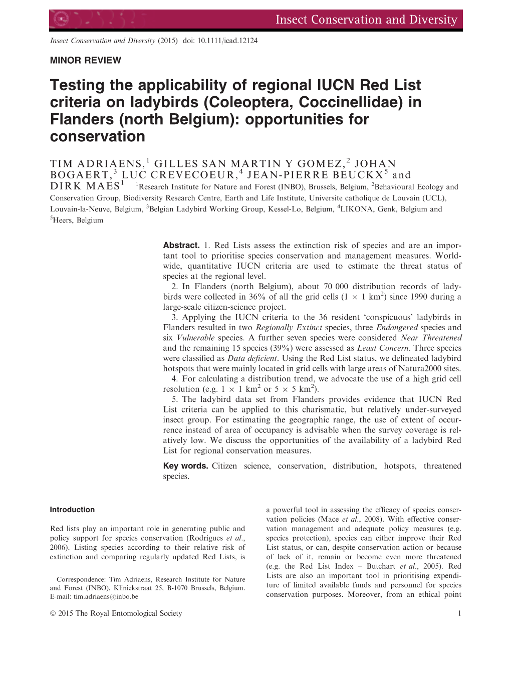 Testing the Applicability of Regional IUCN Red List Criteria on Ladybirds (Coleoptera, Coccinellidae) in Flanders (North Belgium): Opportunities for Conservation