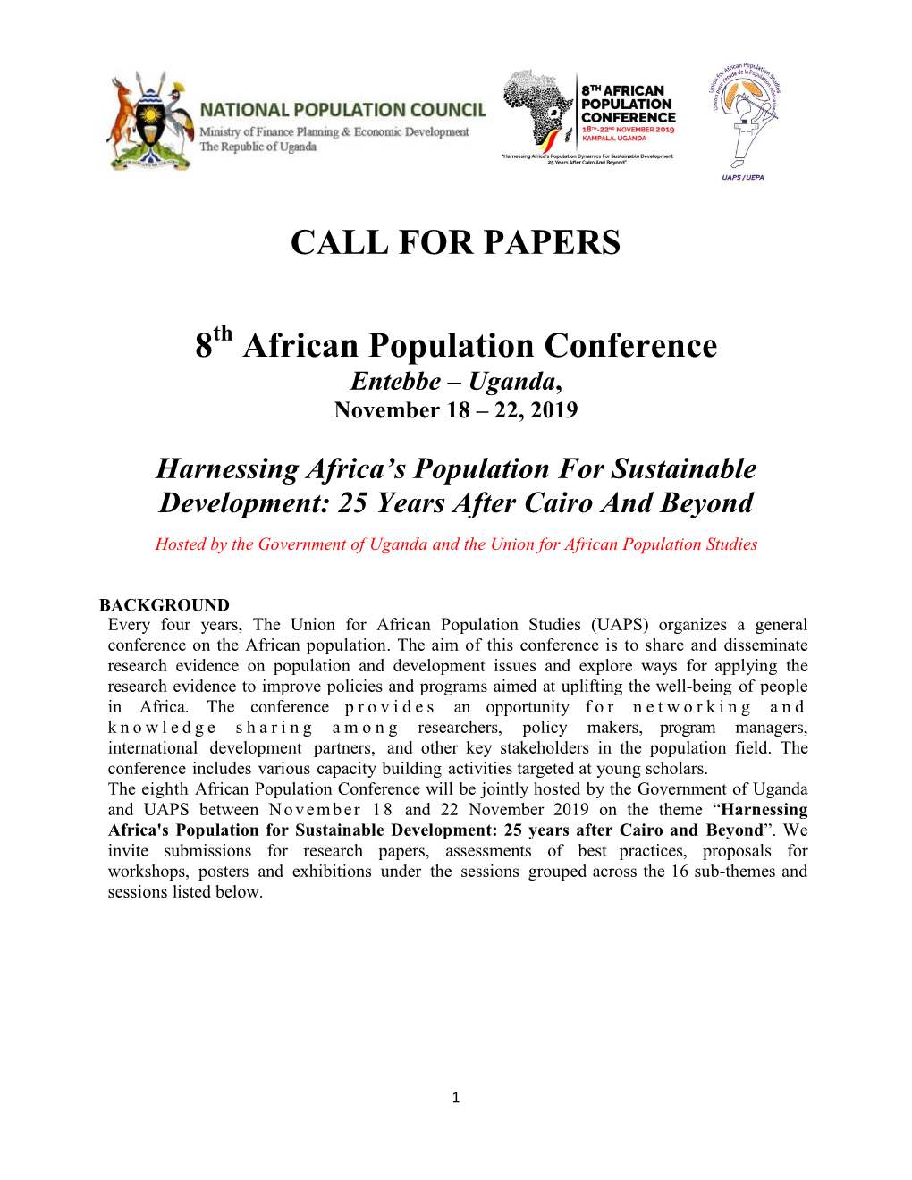 CALL for PAPERS 8 African Population Conference