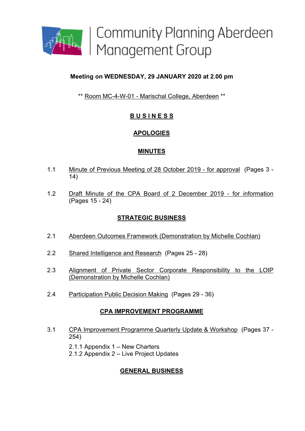 (Private Pack)Agenda Document for Community Planning Aberdeen Management Group, 29/01/2020 14:00