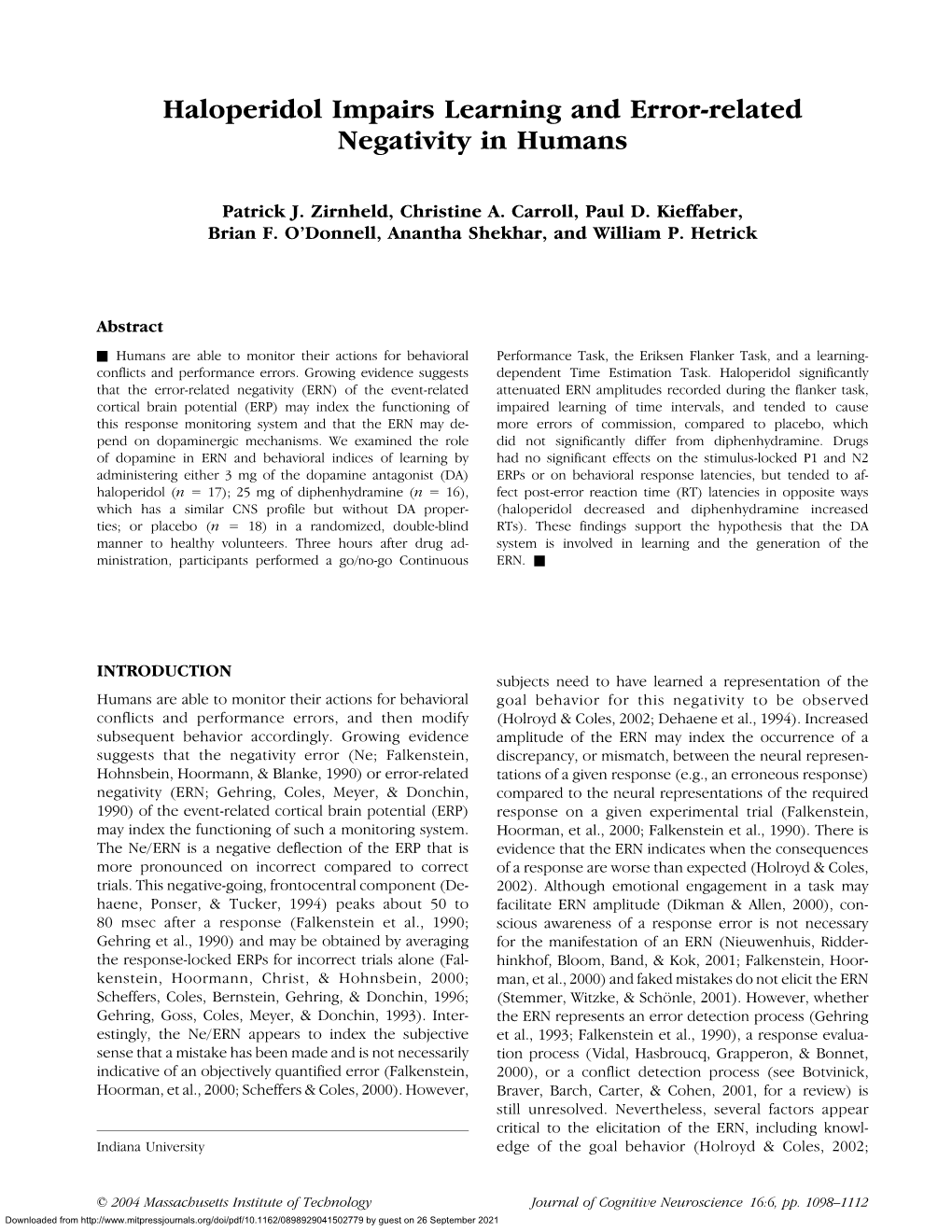 Haloperidol Impairs Learning and Error-Related Negativity in Humans