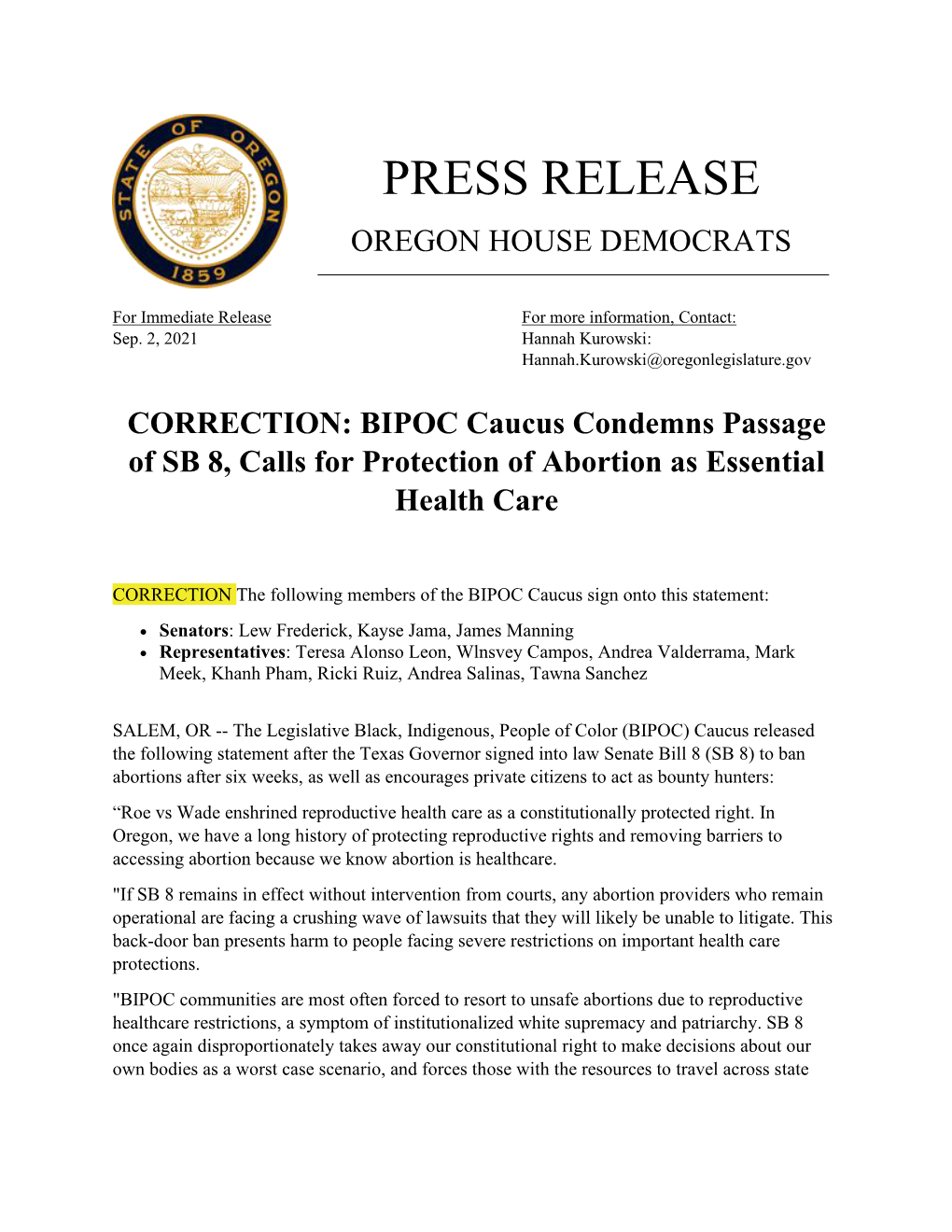 BIPOC Caucus Condemns Passage of Texas Abortion