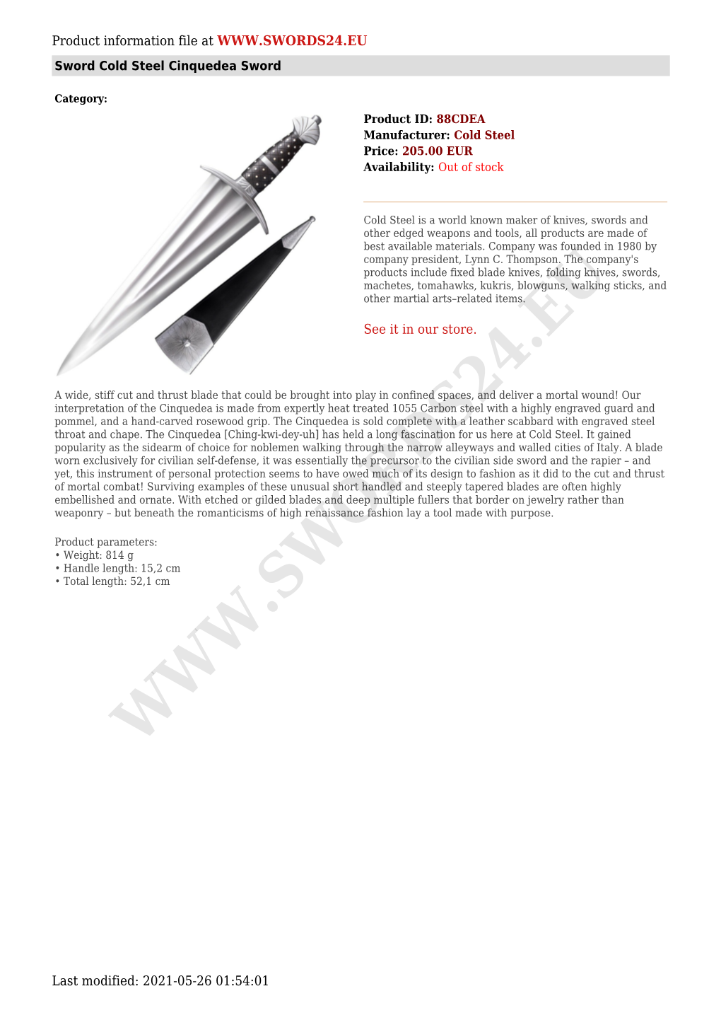 Product Information File at Sword Cold Steel Cinquedea Sword