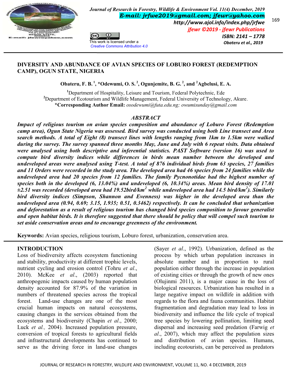 Diversity and Abundance of Avian Species of Loburo Forest (Redemption Camp), Ogun State, Nigeria