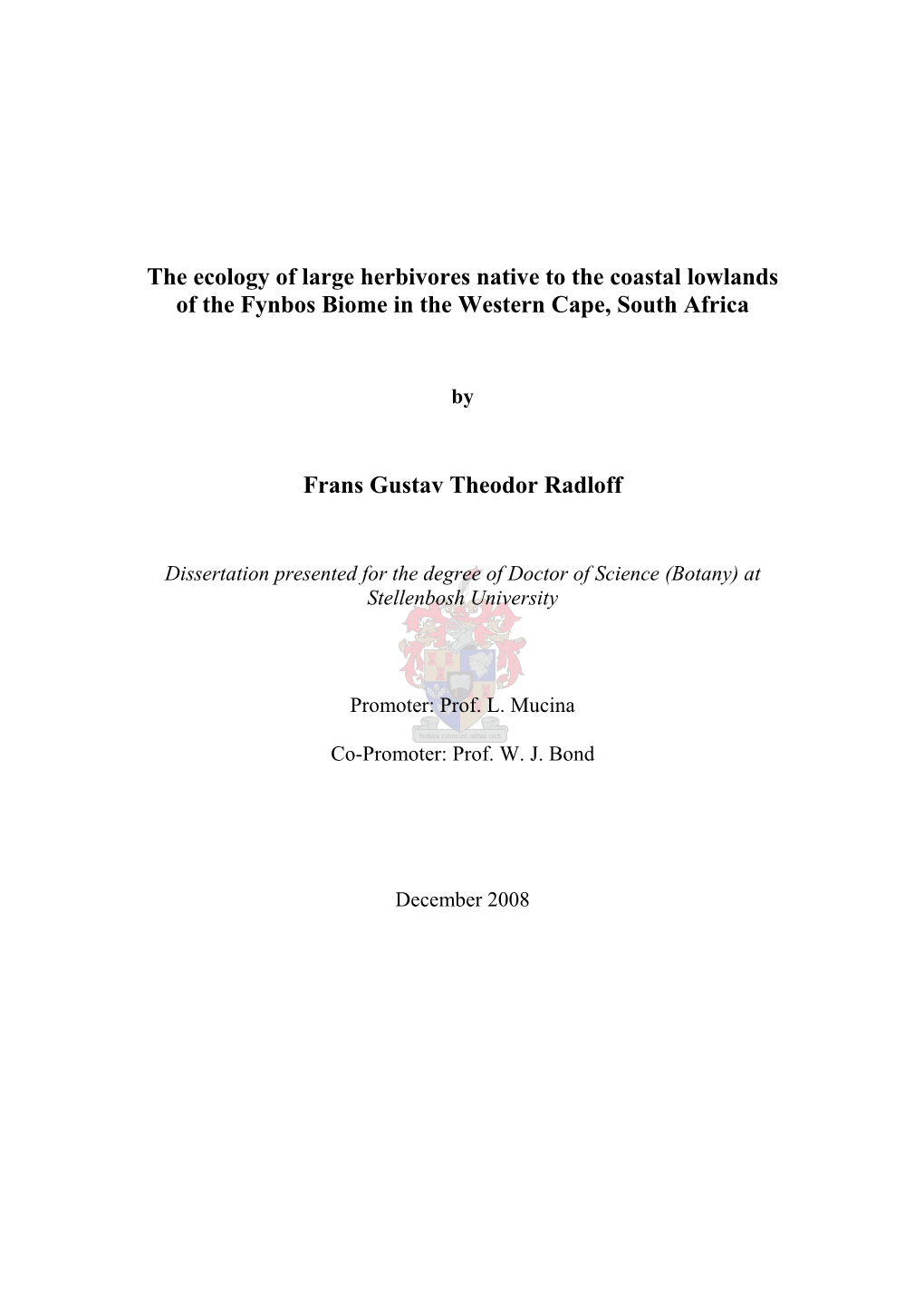 The Ecology of Large Herbivores Native to the Coastal Lowlands of the Fynbos Biome in the Western Cape, South Africa