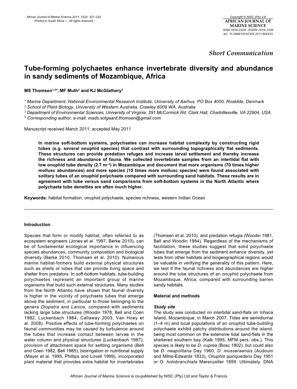 Tube-Forming Polychaetes Enhance Invertebrate Diversity and Abundance in Sandy Sediments of Mozambique, Africa