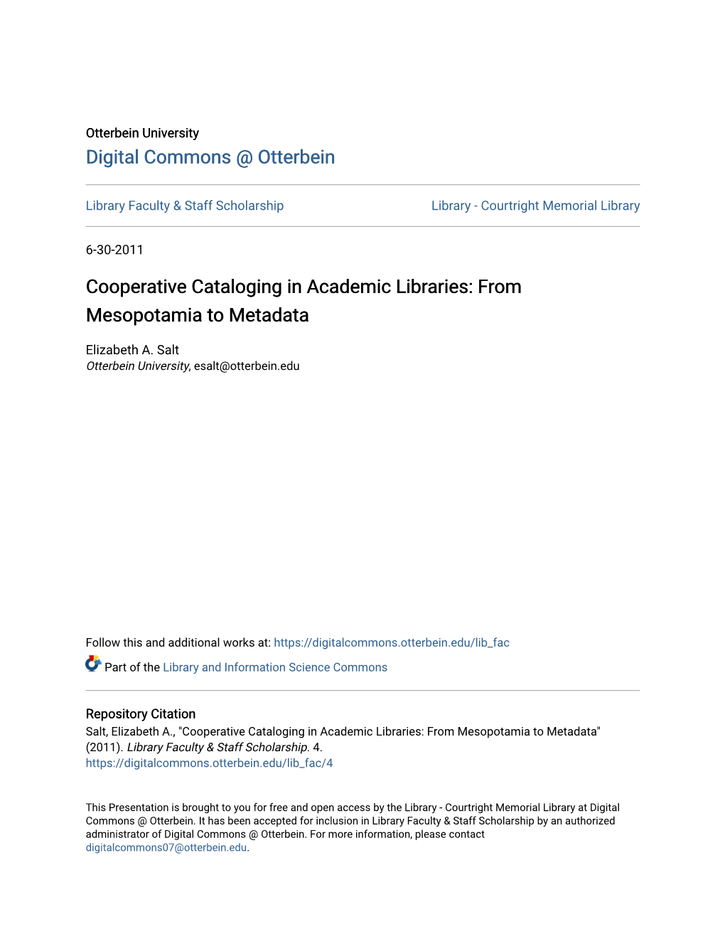 Cooperative Cataloging in Academic Libraries: from Mesopotamia to Metadata