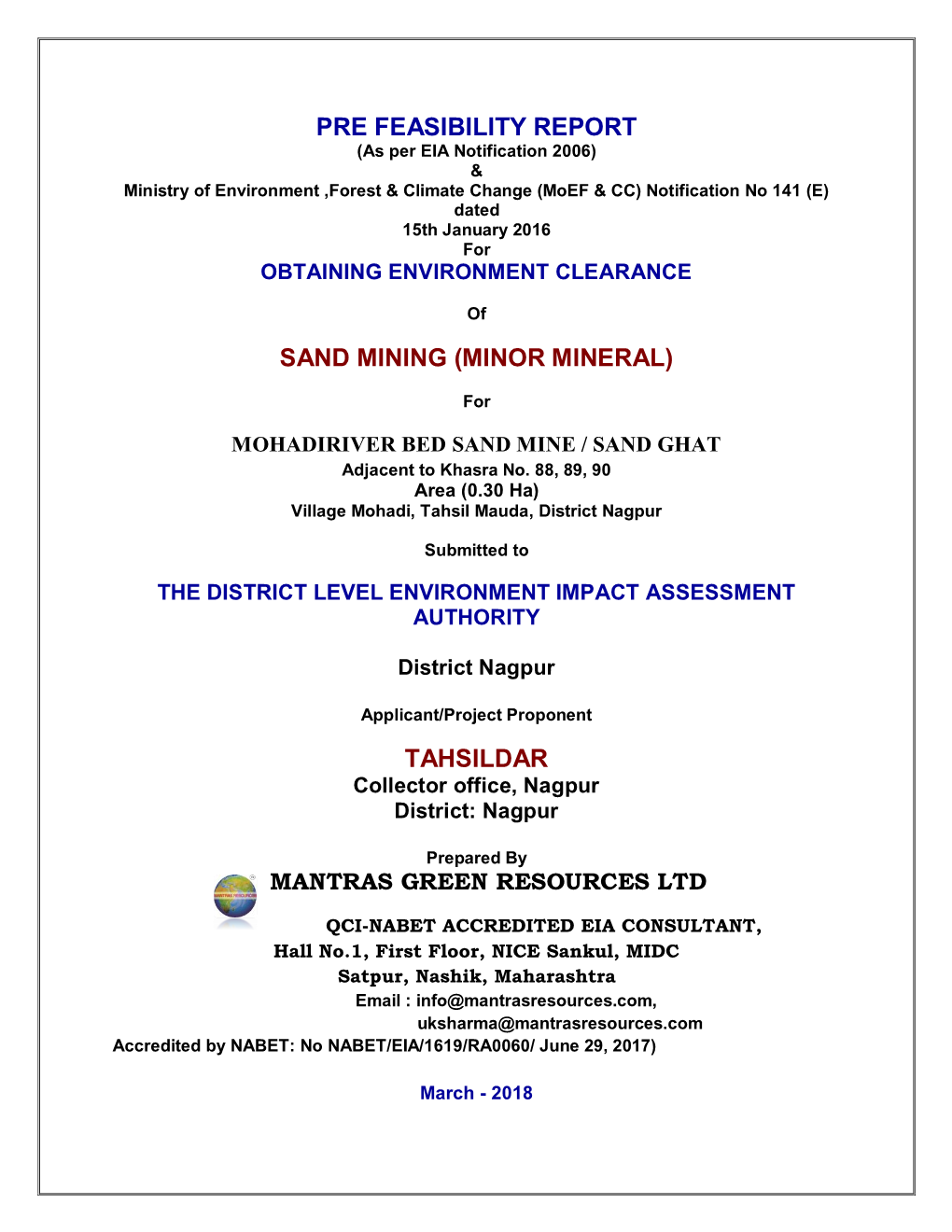 Pre Feasibility Report Sand Mining (Minor Mineral)