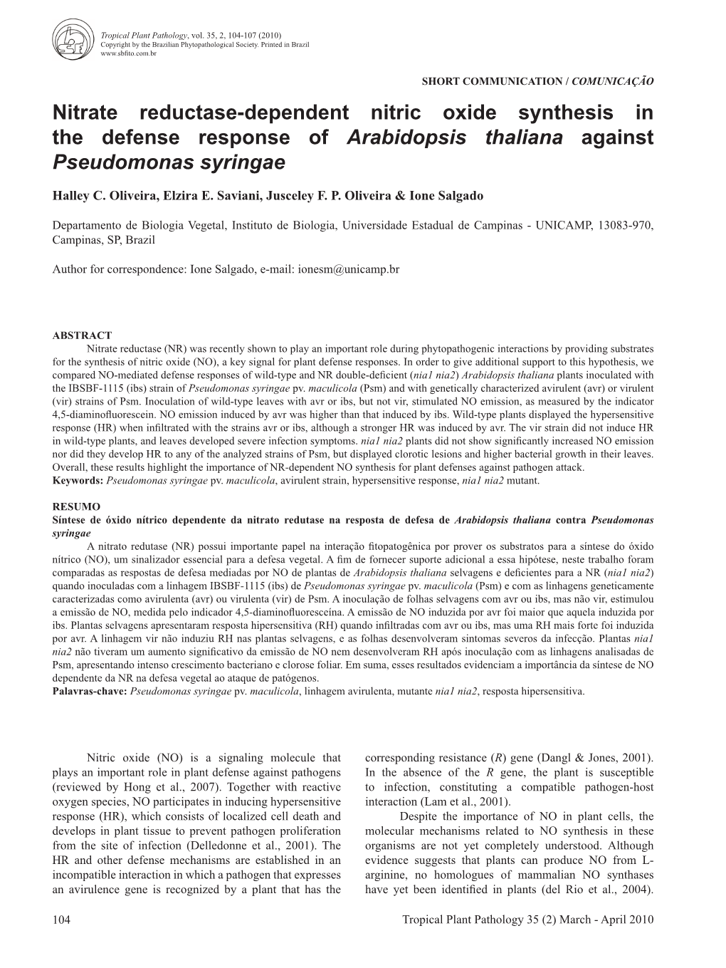 Nitrate Reductase-Dependent Nitric Oxide Synthesis in the Defense Response of Arabidopsis Thaliana Against Pseudomonas Syringae