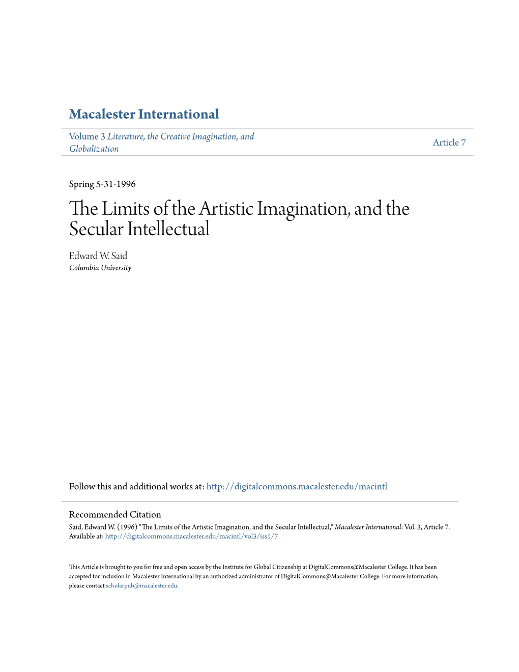 The Limits of the Artistic Imagination, and the Secular Intellectual Edward W