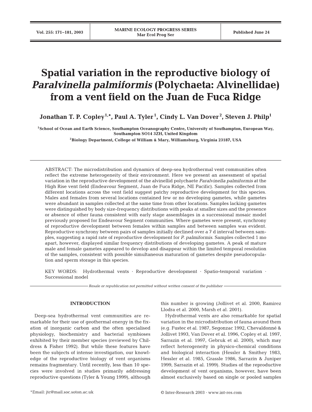 Spatial Variation in the Reproductive Biology of Paralvinella Palmiformis (Polychaeta: Alvinellidae) from a Vent Field on the Juan De Fuca Ridge