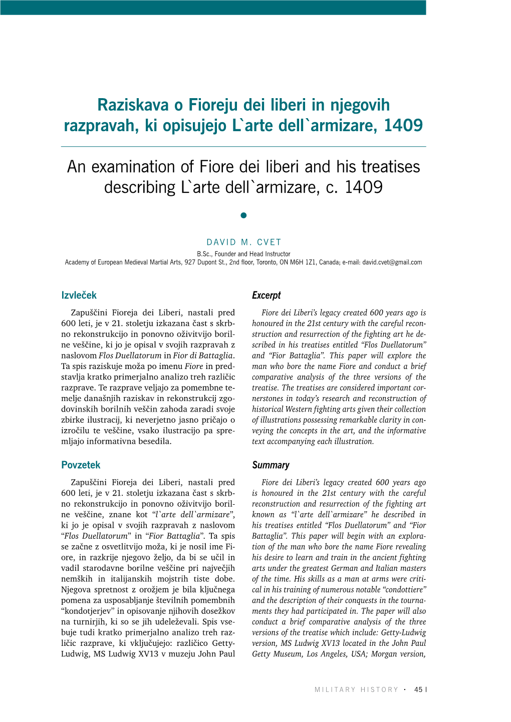 Armizare, 1409 an Examination of Fiore Dei Liberi