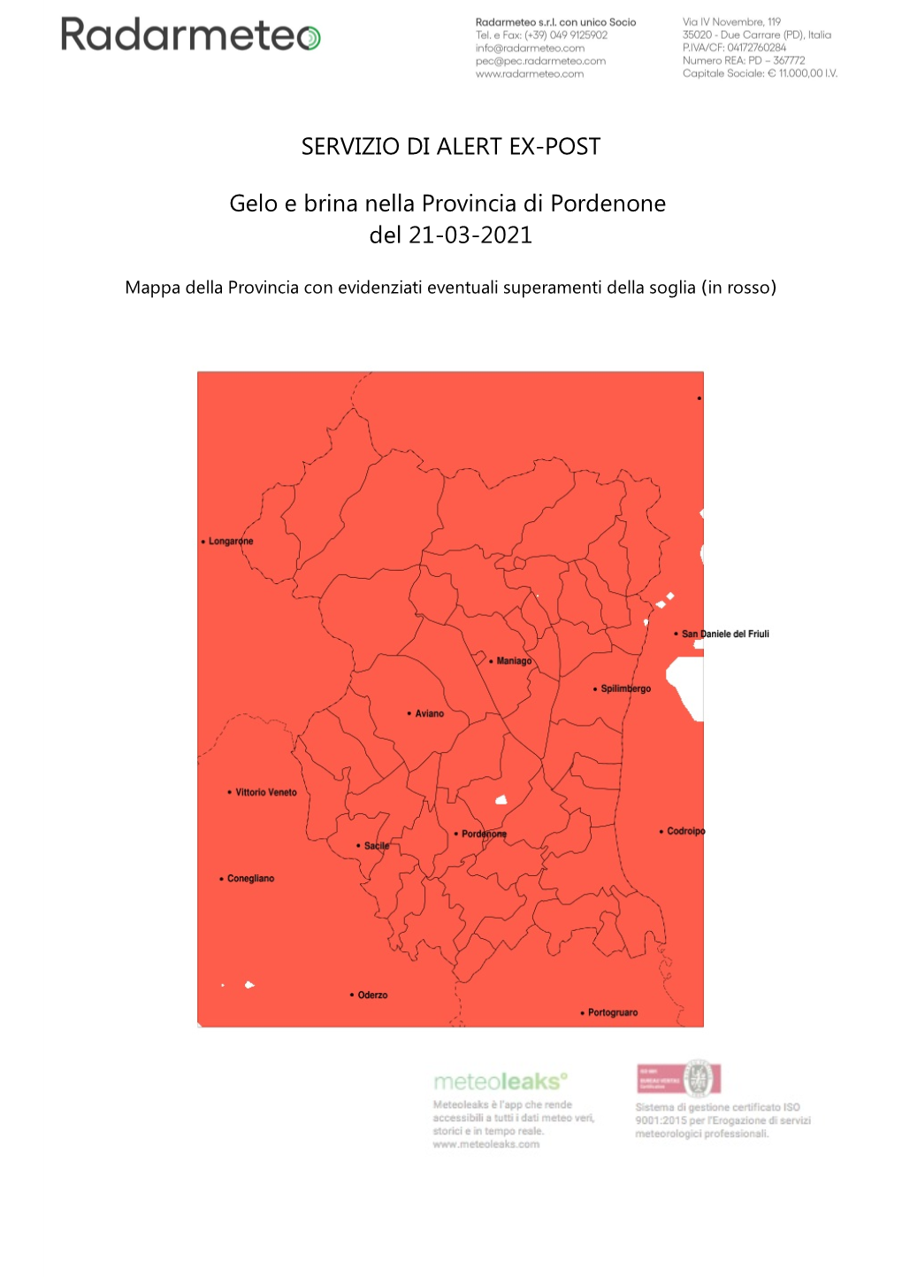 SERVIZIO DI ALERT EX-POST Gelo E Brina Nella Provincia Di Pordenone