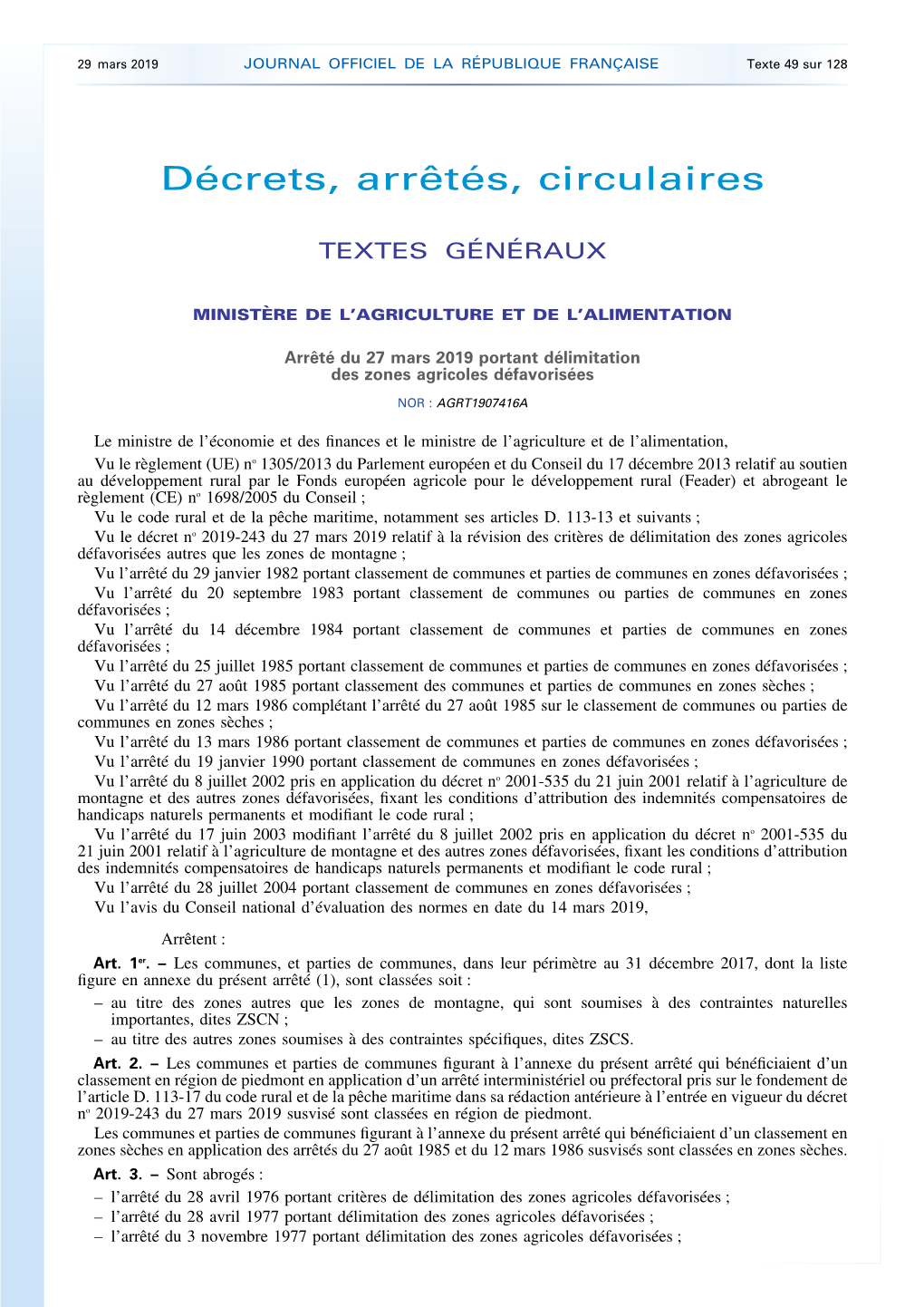 Arrêté Du 27 Mars 2019 Portant Délimitation Des Zones Agricoles Défavorisées