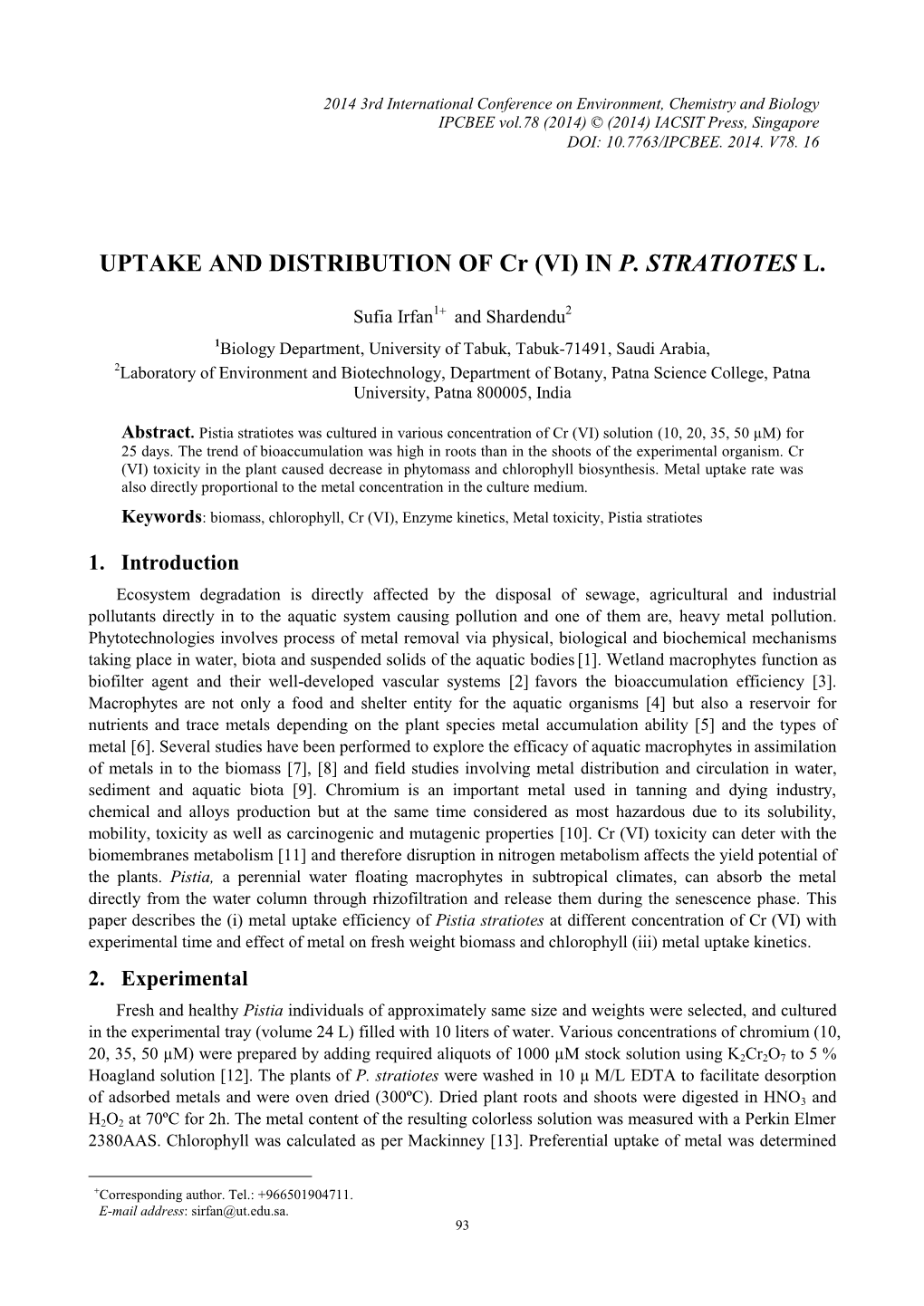 UPTAKE and DISTRIBUTION of Cr (VI) in P. STRATIOTES L