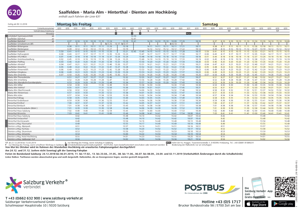 Saalfelden - Maria Alm - Hinterthal - Dienten Am Hochkönig 620 Enthält Auch Fahrten Der Linie 631