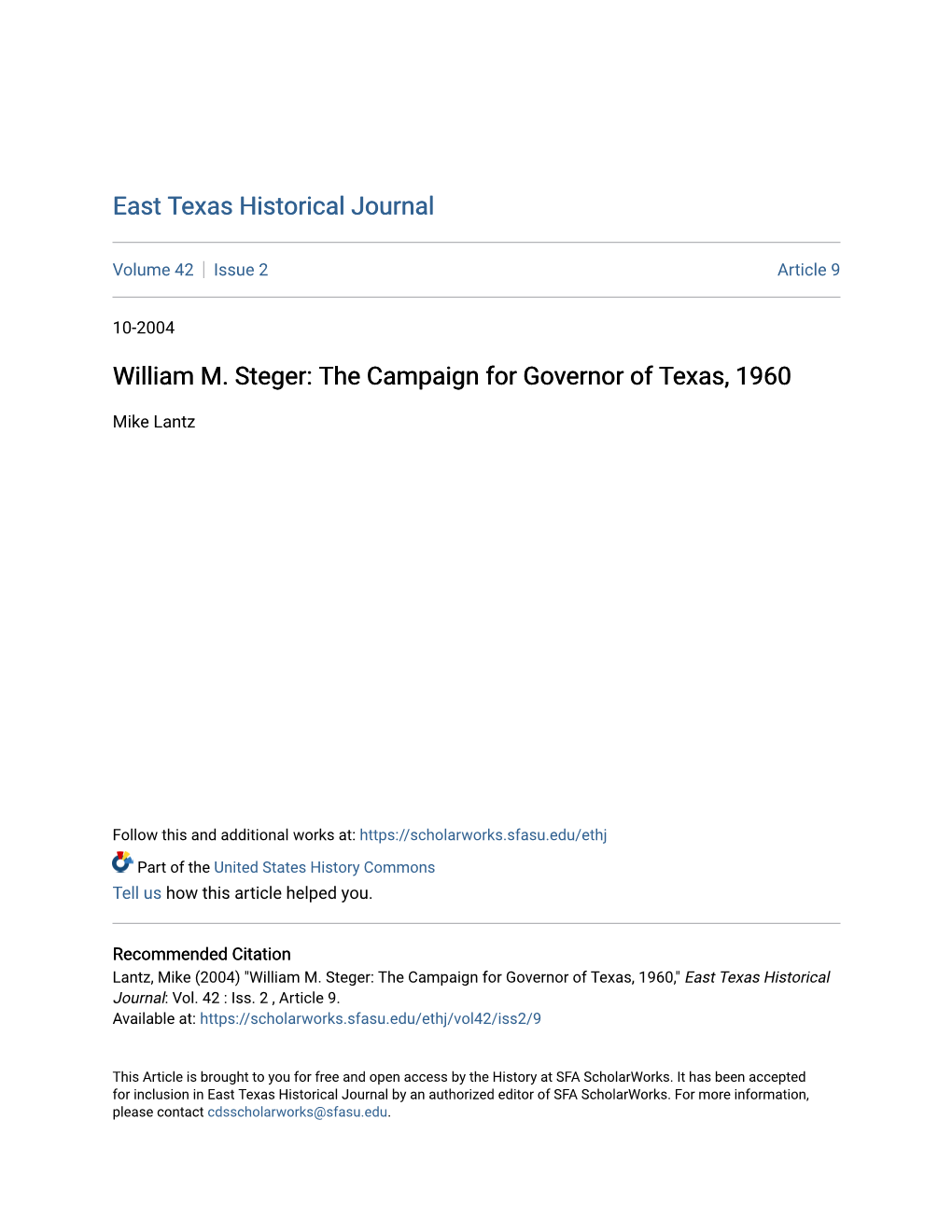 William M. Steger: the Campaign for Governor of Texas, 1960