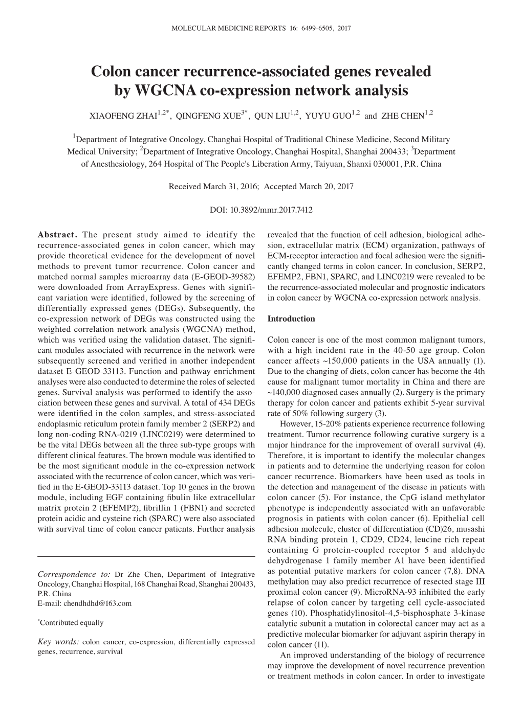 Colon Cancer Recurrence‑Associated Genes Revealed by WGCNA Co‑Expression Network Analysis