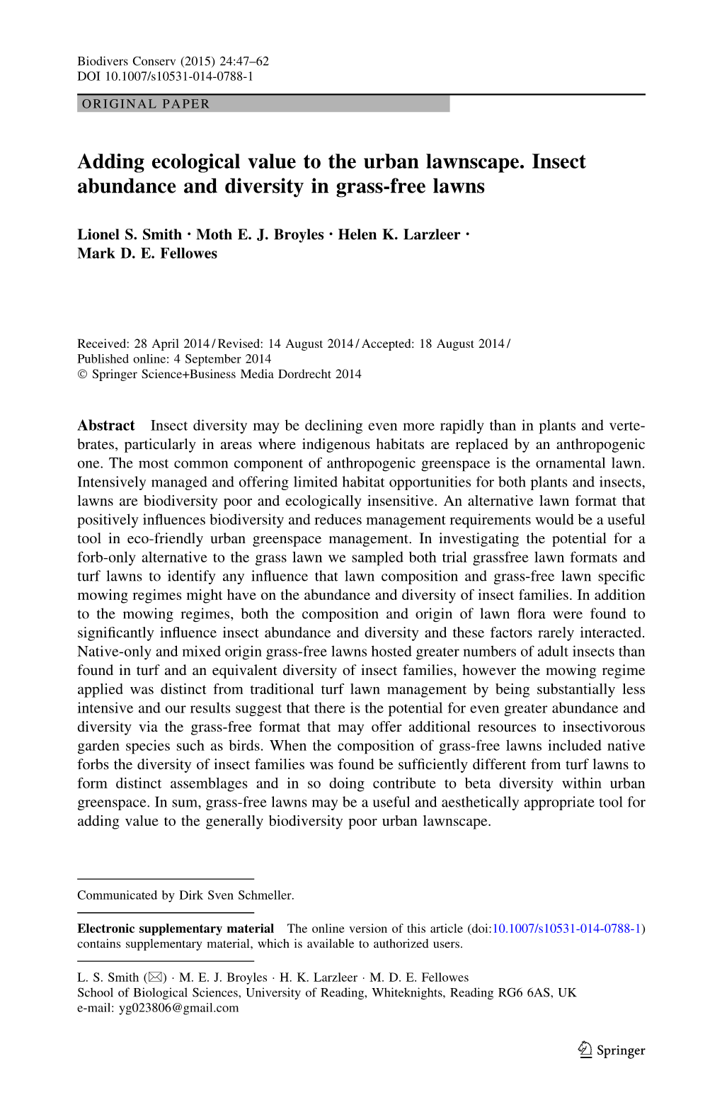 Adding Ecological Value to the Urban Lawnscape. Insect Abundance and Diversity in Grass-Free Lawns