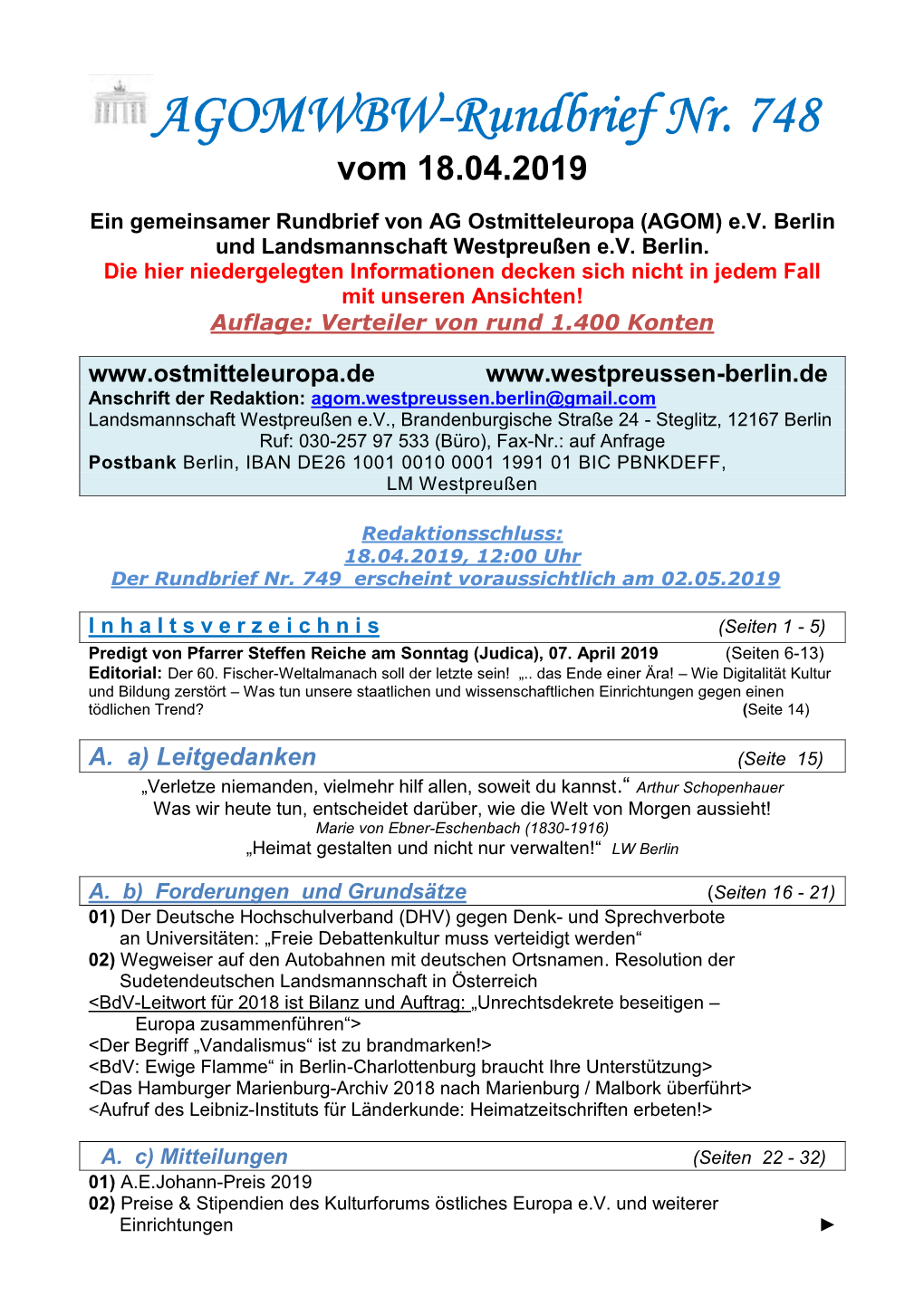 AGOMWBW-Rundbrief Nr. 748 Vom 18.04.2019