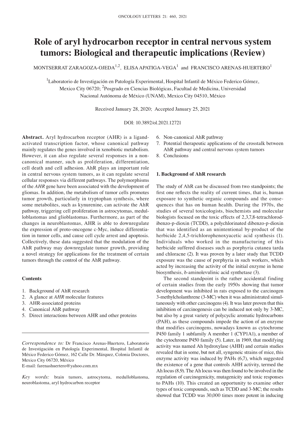 Role of Aryl Hydrocarbon Receptor in Central Nervous System Tumors: Biological and Therapeutic Implications (Review)