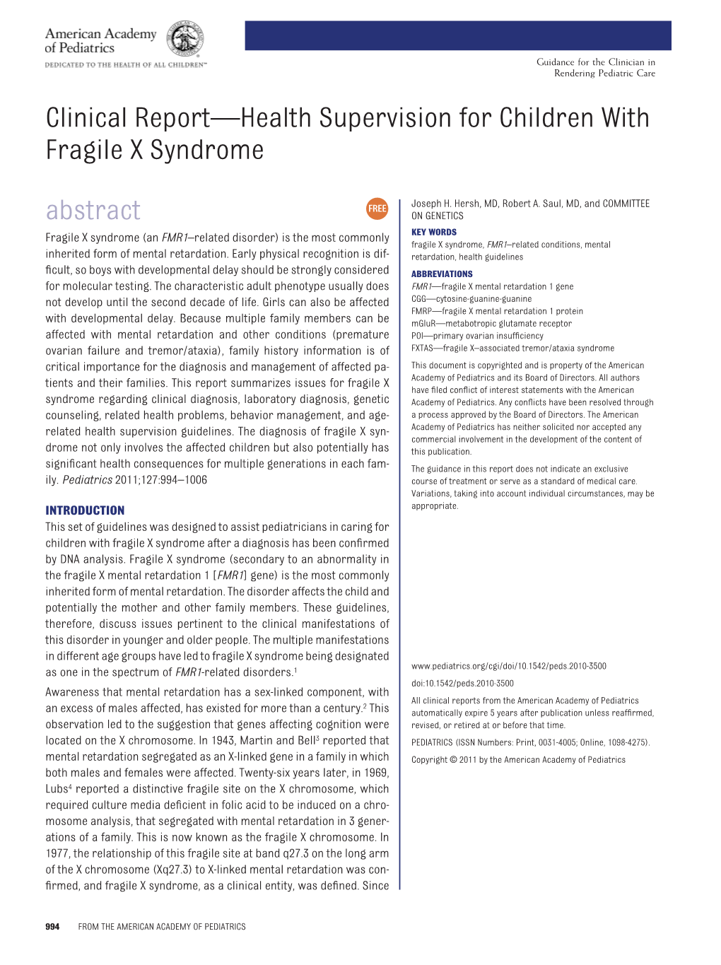 Clinical Report—Health Supervision for Children with Fragile X Syndrome