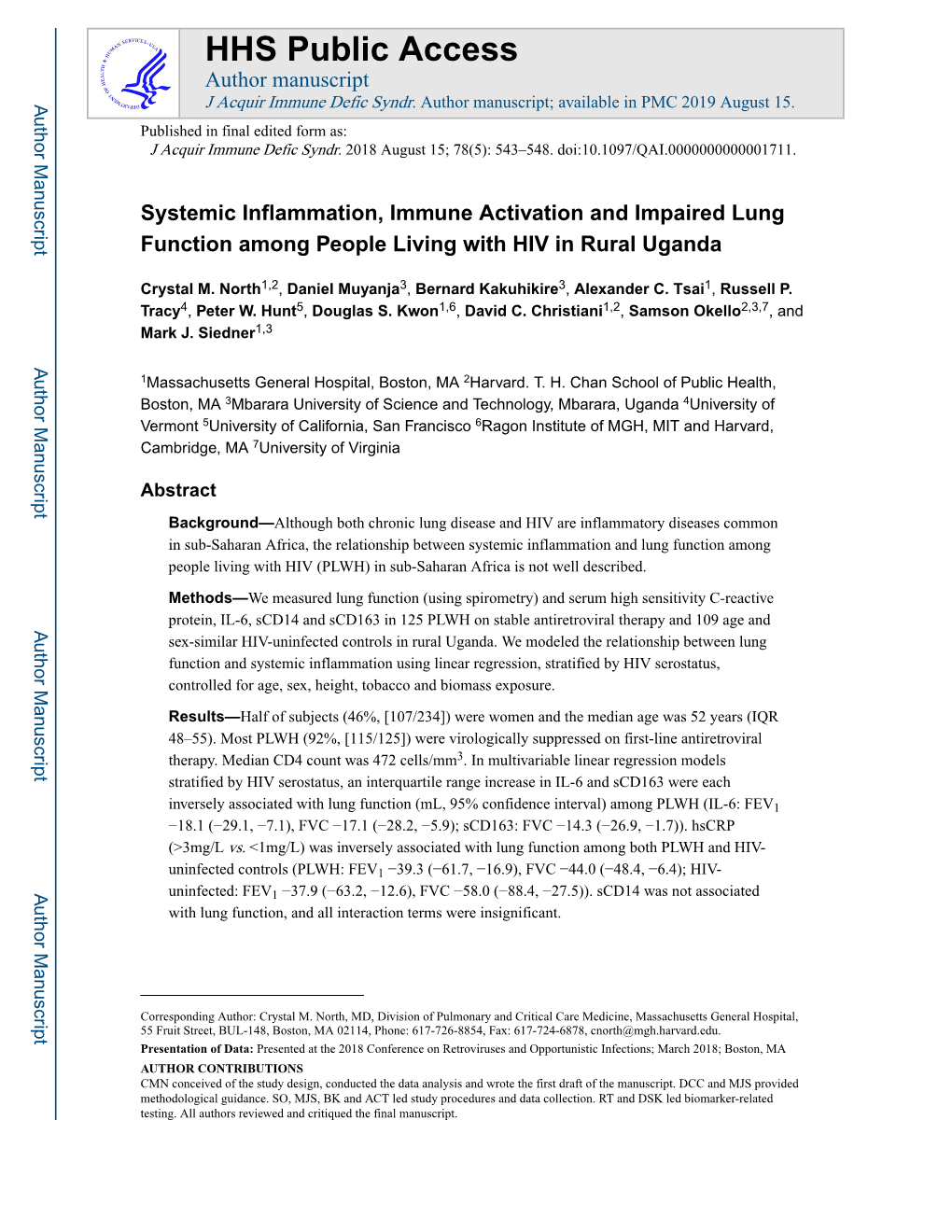 Systemic Inflammation, Immune Activation and Impaired Lung Function Among People Living with HIV in Rural Uganda