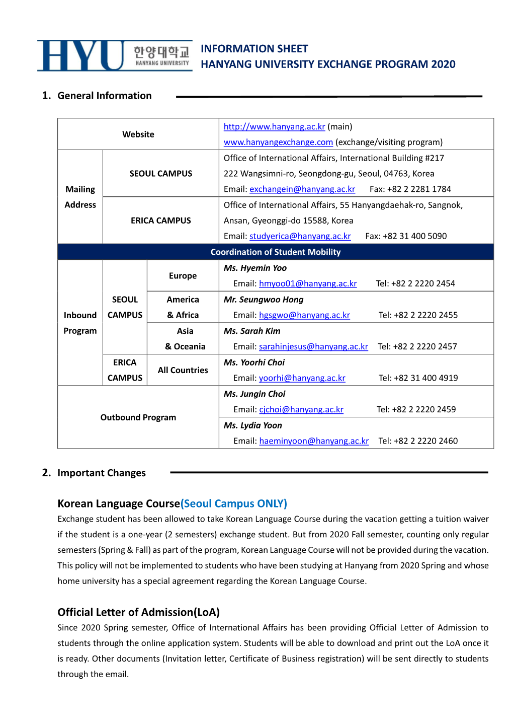 Information Sheet Hanyang University Exchange Program 2020