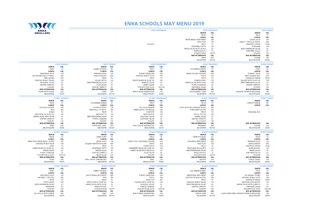 Enka Schools May Menu 2019