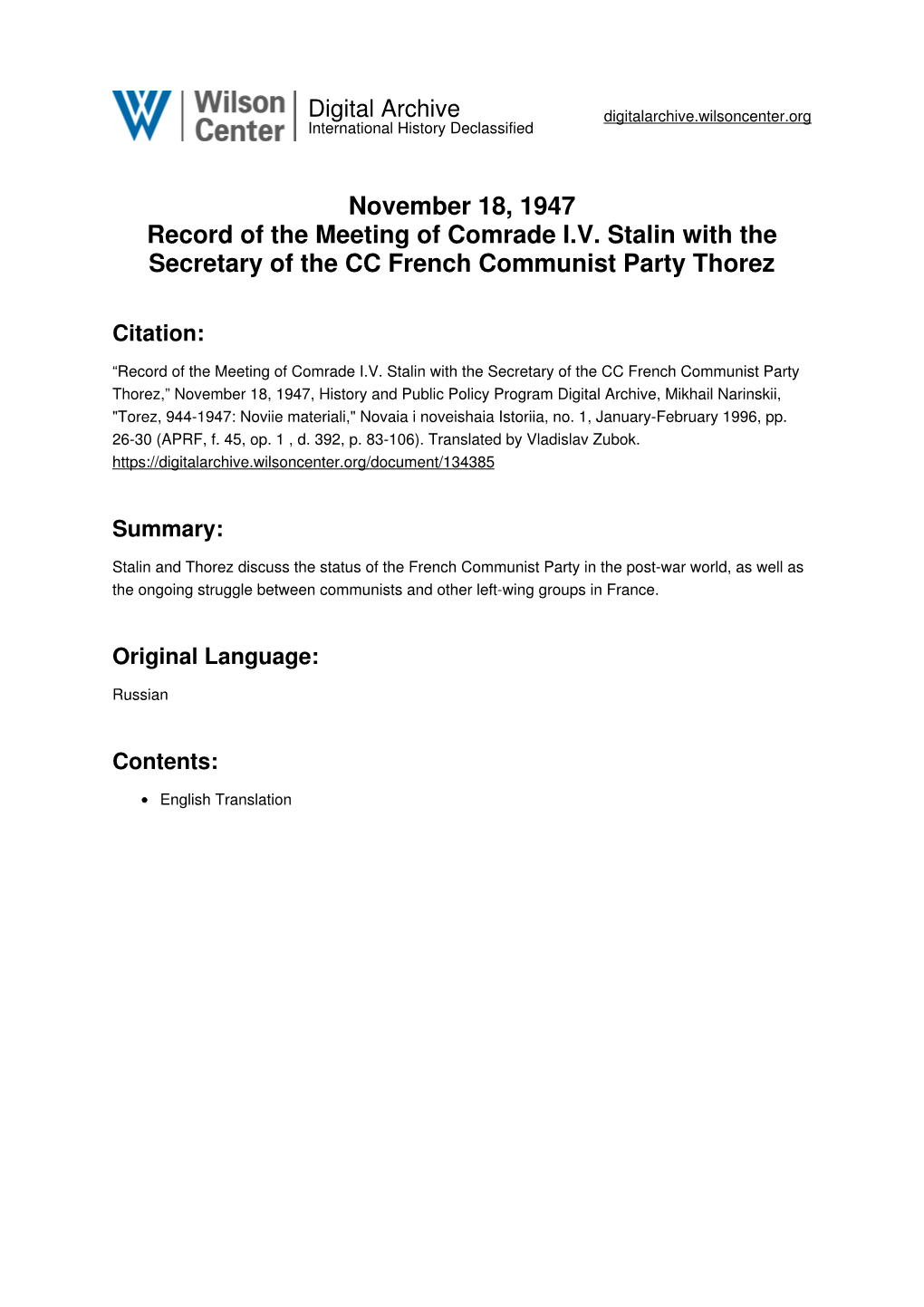 November 18, 1947 Record of the Meeting of Comrade I.V. Stalin with the Secretary of the CC French Communist Party Thorez